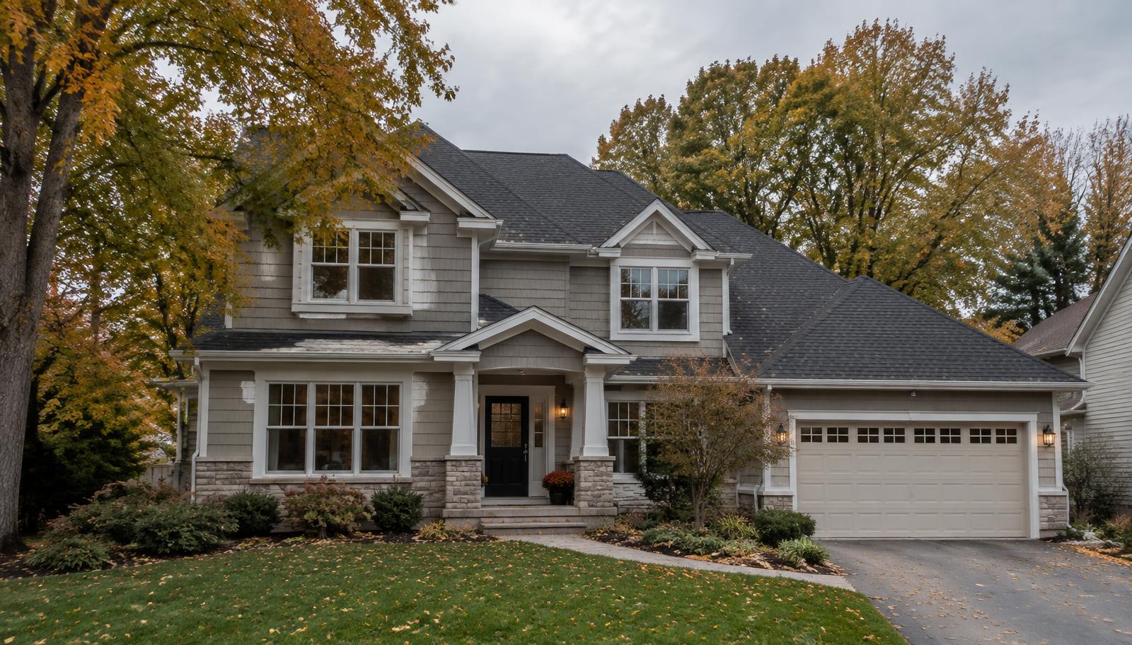 Two-story suburban Wisconsin home with a newly shingled dark gray asphalt roof